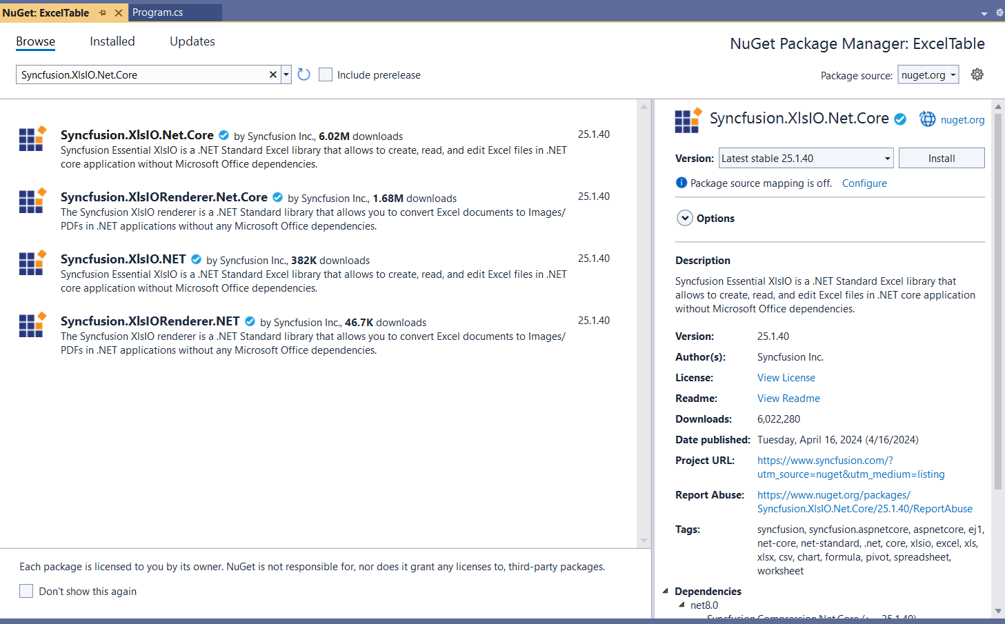 Install Syncfusion.XlsIO.Net.Core NuGet